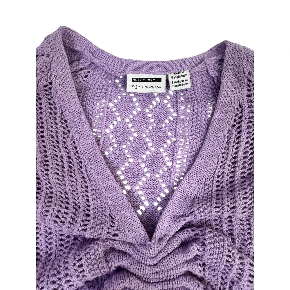 Noisy May Purple Pointelle Knit Rouched V-Neck Cropped Sweater Small